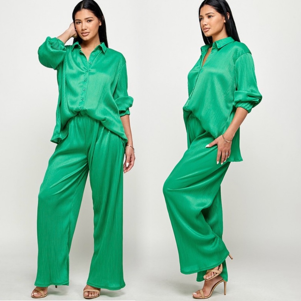 Wide-Leg Satin Palazzo Pant and Top Set in Green NWOT